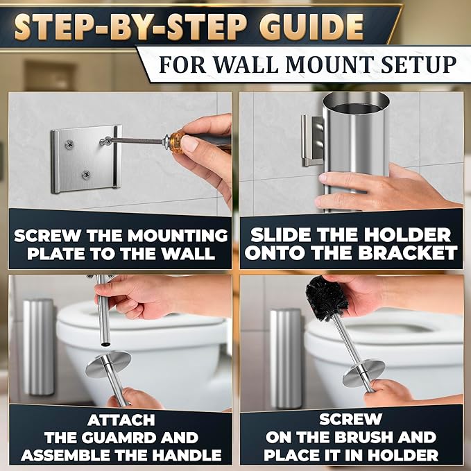 Silver Modern Toilet Brush and Holder Set with Wall Mount - Stainless Steel Toilet Brush with Holder - Removable Inner Bowl, Shiny Design, Splash Protection & Dense Bristles for Bathroom Cleaning