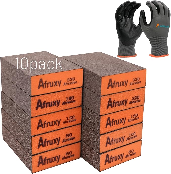 10-Pack Sanding Sponges with Gloves – Super High-Density Reusable Sanding Blocks for Wood, Drywall, Metal & Furniture – Non-Clogging, Wet/Dry – Coarse to Superfine Grits (60/80/100/120/180/220/320)
