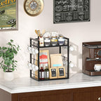 Dorhors 2 Tier Coffee Bar Accessories and Organizer,Multi-functional Mug Holder with 12 Hooks,Wood Coffee Station Organizer,Kitchen Countertop Shelf (Black)