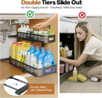 2 Pack 21.3IN-Depth Under Sink Organizer with Smooth Cylindrical Rail,2-Tier Pull Out Multi-Purpose Cabinet Storage for Bathroom&Kitchen,Height Adjustable,Rust-Resistant Coating-Black