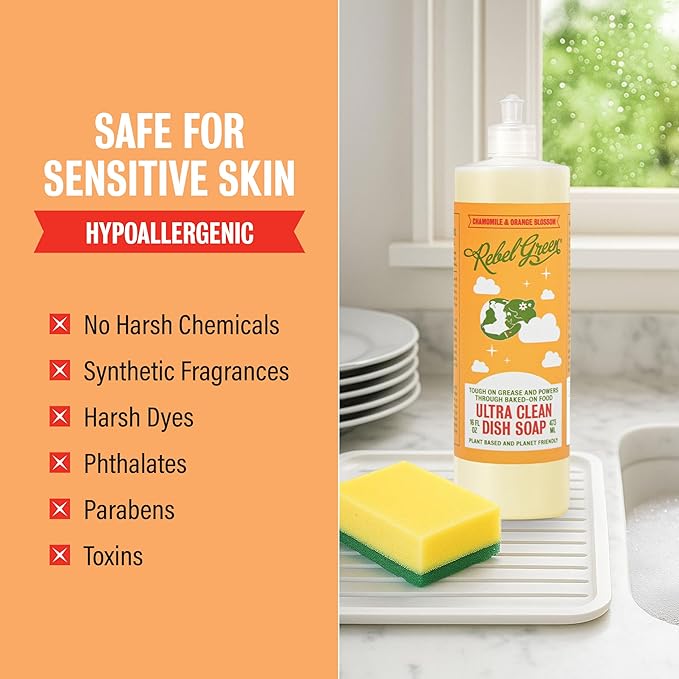 Rebel Green Super Deluxe Dish Soap - Natural Dishwashing Soap - Liquid Dish Detergent - Sustainable Dish Liquid Scented with Orange & Chamomile