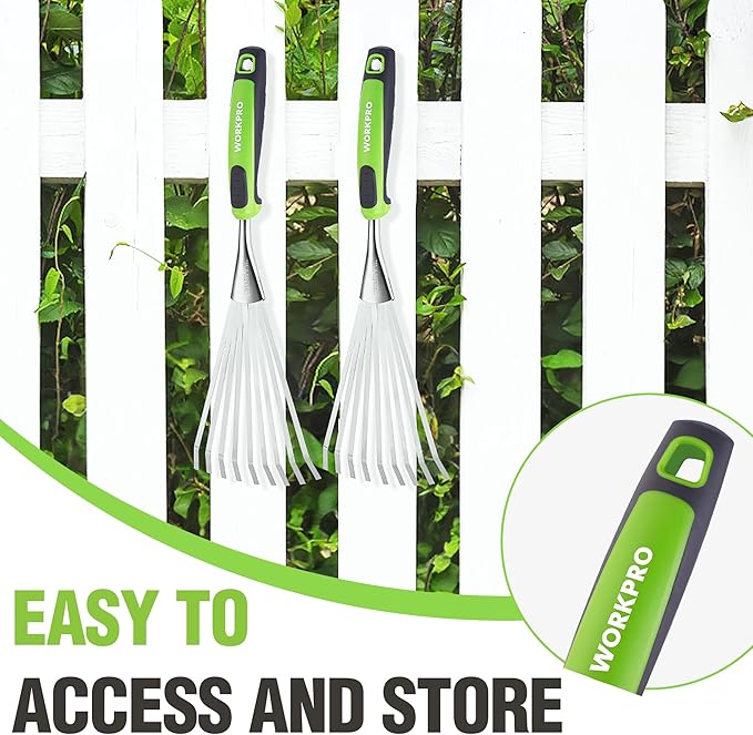 WORKPRO 16" Hand Rake, Heavy Duty Stainless Steel Garden Rake with Soft Handle, Small Garden Hand Tool for Gardening, Cultivating, Loosening Soil & Spreading Mulch, Flower Beds