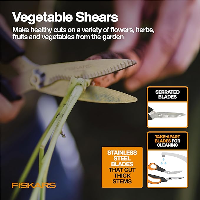 Fiskars Vegetable Garden Tool Set with Vegetable Shears, Seed Sower, Trowel, Cultivator, Weeder, and L/XL Garden Gloves for Indoor or Outdoor Gardening (6 Piece Kit)