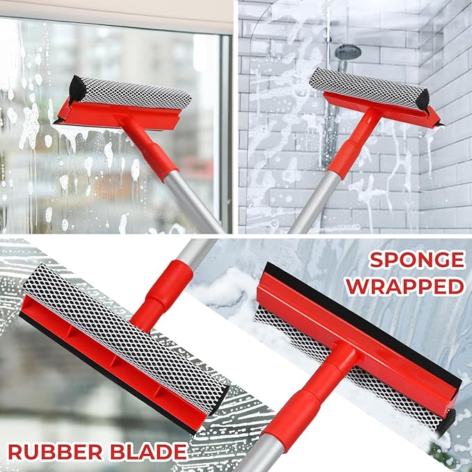 MAVRIZ Windshield Cleaner Tool 2 in 1 Car Window Squeegee with Extendable Handle (18"-28.5") Window Cleaner with Squeegee and Sponge for Shower, Glass Cleaning
