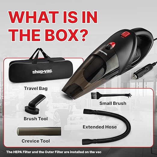 Shop-Vac 12V Car Vacuum - Portable Vacuum Cleaner with 7000Pa Powerful Suction, 16Ft Corded Handheld Car Vac & Storage Bag, Cigarette Lighter Plug, for Deep Interior Detail Cleaning