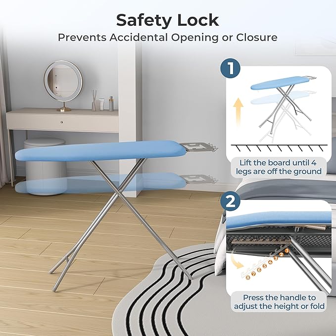 Yaheetech Foldable Ironing Board, Heavy Duty Iron Board with 9 Adjustable Heights, 4 Layer Cover and Safety Iron Rest, 52X14 Compact and Space Save Iron Board for Home Laundry Room Use, Blue