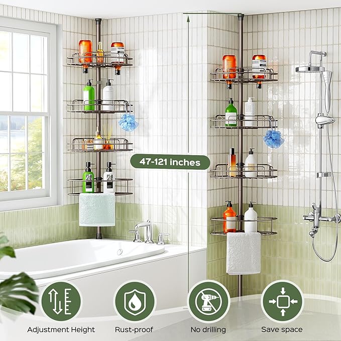 HAMITOR Corner Shower Caddy Tension Pole: 4-Tier Rust-Resistant Adjustable Bathroom Organizer Shelves - 47-121 Inch No-Drill Quick Installation - Space-Saving Storage for Renters Families - Bronze