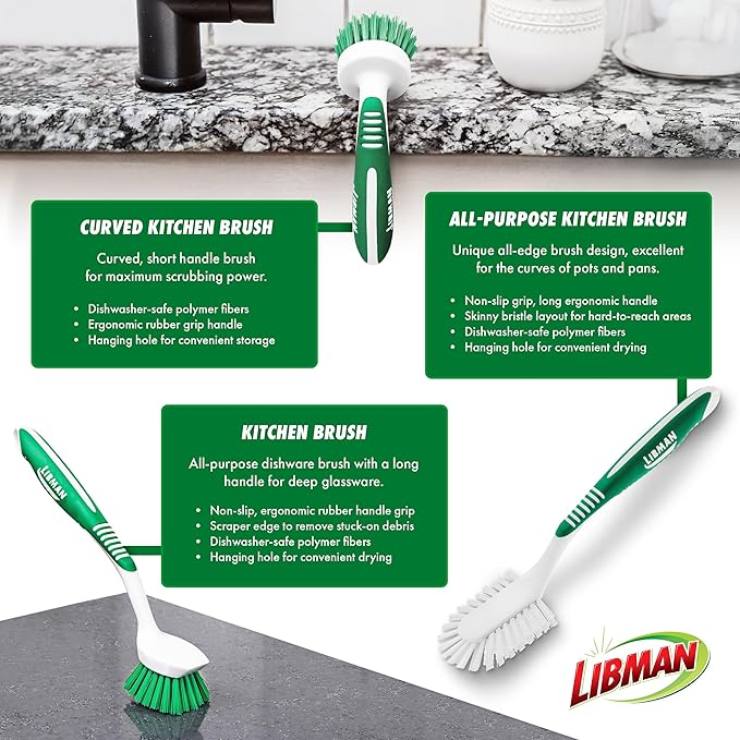 Libman Green & White Cleaning Brush Kit, 3-Piece Set, All-Purpose Brushes for Kitchen, Basins, Sinks, Dishwashers