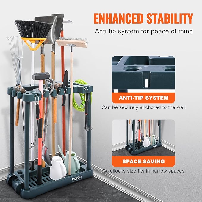 VEVOR Garden Tool Organizer, 10 Slots, Yard Tool Tower Rack for Garage Organization and Storage, Hold Long-Handled Tool/Rake/Broom/Shovel, PP Garden Tool Stand Holder Organizer for Yard, Shed, Outdoor