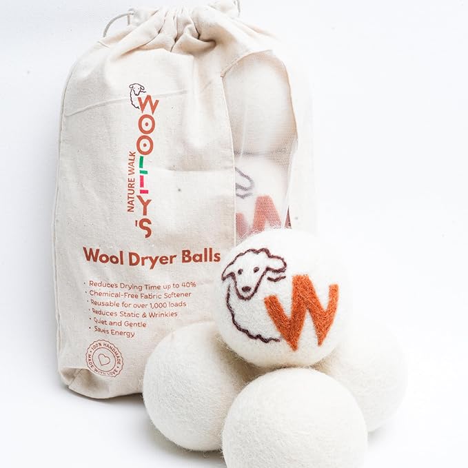 Woolly’s Wool Dryer Balls (Pack of 6) | 100% Pure New Zealand Wool | Reduces Drying Time up to 40% | Chemical-Free Fabric Softener (6)