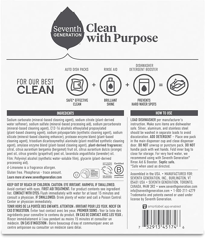 Seventh Generation Power Plus Dishwasher Detergent Packs Fresh Citrus scent Pack of 5 for sparkling dishes Dishwasher tabs 40 count