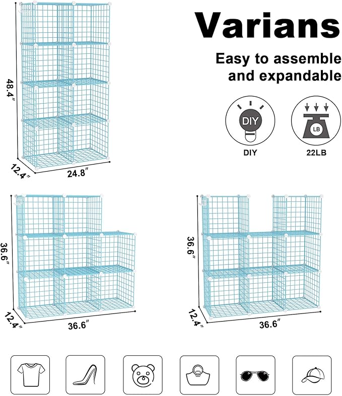 C&AHOME Wire Cube Storage, 8 - Cube Organizer Metal C Grids, Modular Shelves Units, Closet Organizer, Ideal for Home, Office, Living Room, 24.8" L x 12.4" W x 48.4" H, Blue UWCS3008B