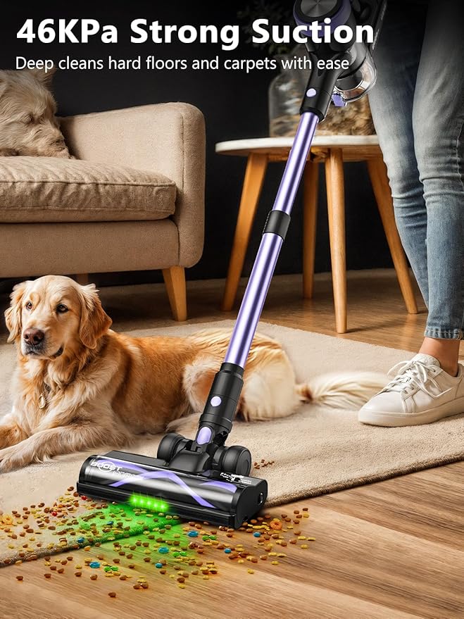 Cordless Vacuum Cleaner, 46Kpa/55 Mins Vacuum Cleaners for Home, Self-Standing Stick Vacuum with Rechargeable Dock,LED Display & Anti-Tangle,Lightweight Rechargeable Vacuum for Carpet (Violet)
