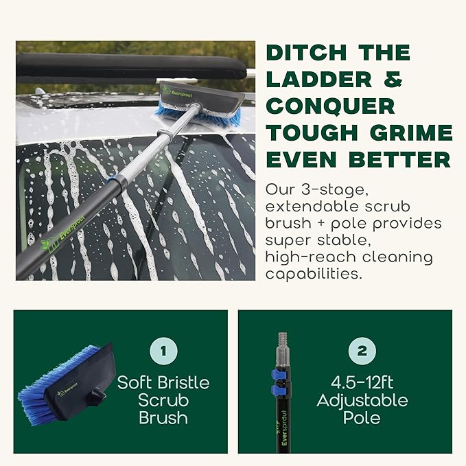 EVERSPROUT 11-inch Scrub Brush with Built-in Rubber Bumper | Soft Bristles wash Car, Truck, RV, Boat, Solar Panel, Floor | Bumper Prevents Scratches | Twists on 3/4-inch Acme Pole (Pole not Included)