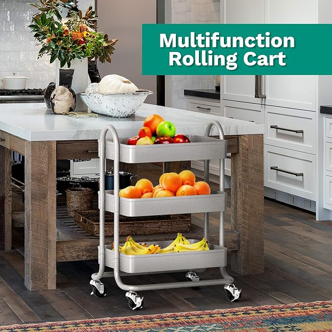 KoolerThings 3-Tier Rolling Metal Storage Organizer - Mobile Utility Rolling Storage Cart, Kitchen Cart with Caster Wheels (Grey)
