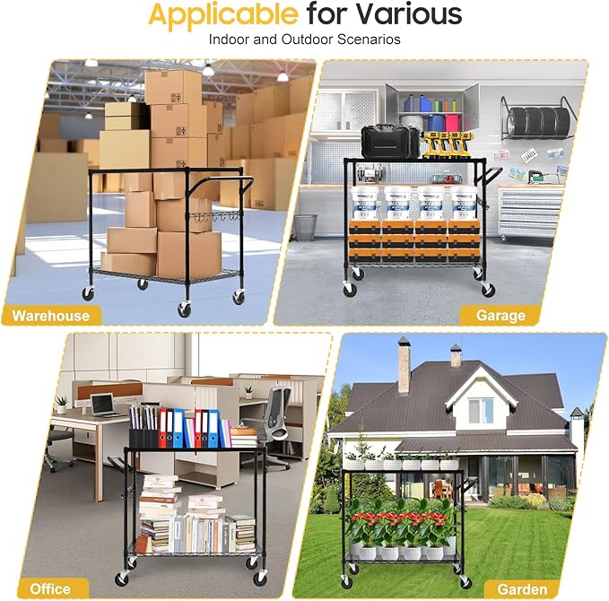 WDT 2-Tier Utility Cart with Wheels, Metal Cart with 1000LBS Capacity, NSF Heavy Duty Rolling Cart, Commercial Grade Serving Tool Storage Carts for Warehouse Garage Kitchen, 24"D x 45"W x 39"H, Black
