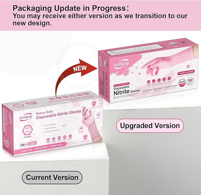 Disposable Nitrile Dishwashing Gloves, Extended 12 Inches Cuff, 6-mil, Cherry Blossom Cleaning Gloves, Latex-Free