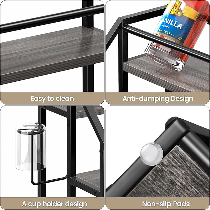 Coffee Syrup Rack Organizer, Spice Racks, Syrup Bottle Holder Stand for Coffee Bar, 3-Tier 12 Bottles Storage Shelves for Syrup, Wine, Dressing for Kitchen Countertop, Grey