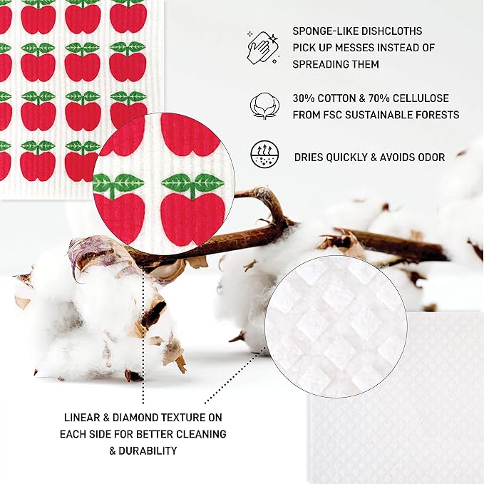 Nordhus Design Swedish Dishcloths, 5 Apple Cloths, Made in Sweden - Reusable, Washable Cellulose Cotton Kitchen Cloths - Replace Paper Towels, Wipes, Sponges, Dish Rags