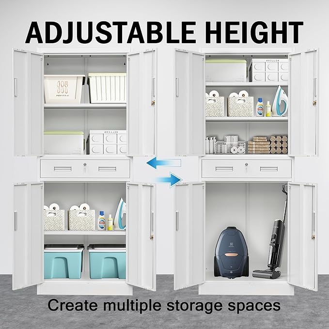 Metal Storage with 1 Drawer, 71" Cabinet with 4 Locking Doors and 2 Adjustable Shelves, Steel Storage File Cabinet for Pantry, Kitchen, Office, Garage (White)