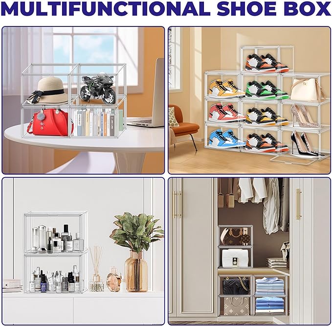 6 Pack Acrylic Clear Shoe Storage Box Stackable Large Sneakers Display Case with Magnetic Door Hat Boxes Shoe Organizer for Closet, Fit up to US Size 13