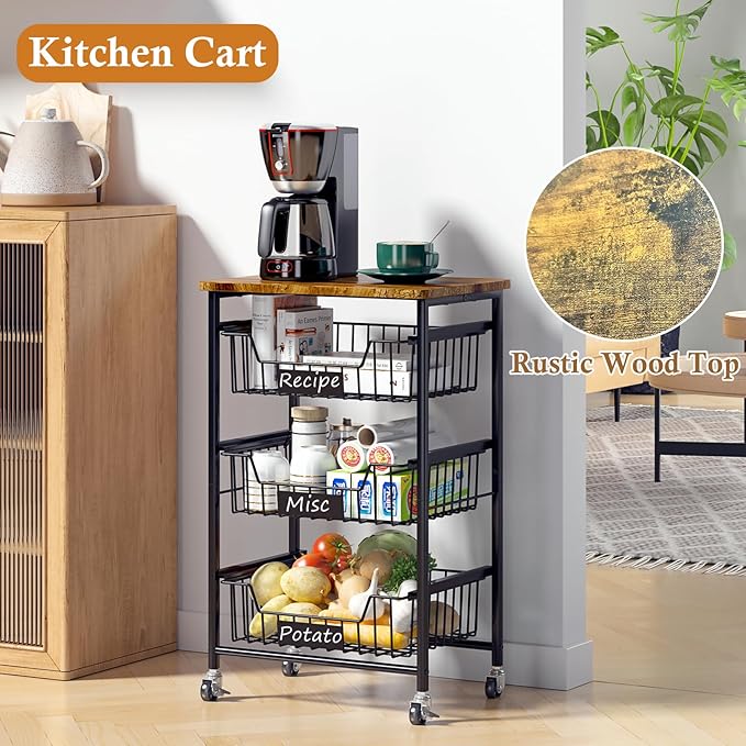 4-Tier Small Kitchen Storage Cart on Wheels, Metal Fruit Basket Stand with Pull-Out Baskets & Wood Top for Potato Onion Produce Snack Veggies