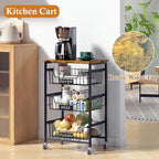 4-Tier Small Kitchen Storage Cart on Wheels, Metal Fruit Basket Stand with Pull-Out Baskets & Wood Top for Potato Onion Produce Snack Veggies
