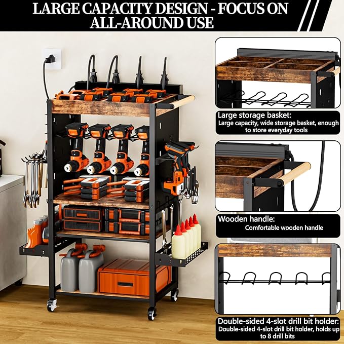 Heavy-Duty Power Tool Organizer with Charging Station,Premium Thickened Wood Panels,Tool Organizer 5 Layers + 5 Side Hooks Lntegrated Design Tool Organizers and Storage