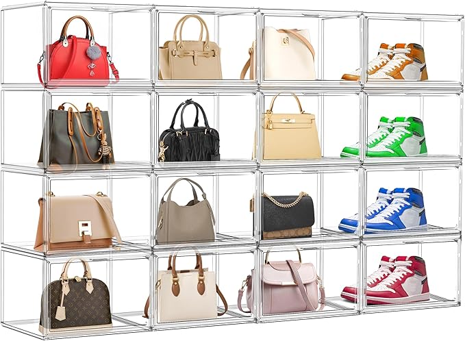 10 Pack Acrylic Shoe Boxes, Sneaker Display Case Size 14, Clear Shoe Organizer Stackable Plastic Stackable Storage Box Handbag Purse Organizer Shoes with Magenetic Lid