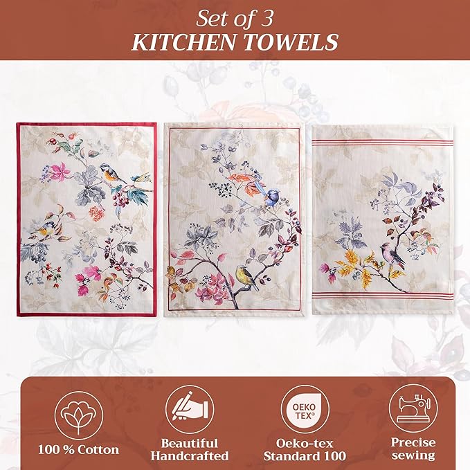 Maison d' Hermine Kitchen Towels Set of 3 100% Cotton 27.50" x 20" Reusable Cloth Tea Dish Towels Absorbent with Hanging Loop for Kitchen, Home, Dining, Cocktail Parties (Equinoxe - Beige)