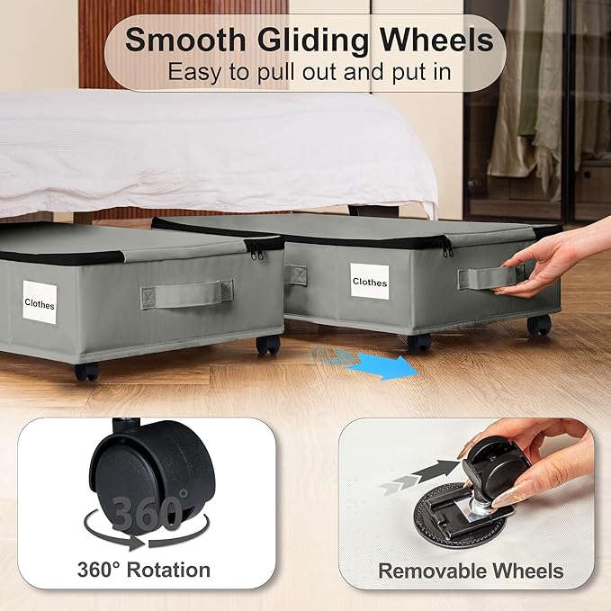 Under Bed Storage with Wheels, 2 Pack Under Bed Storage Containers with Label Holders for Clothes, Shoes and Blankets, Rolling Underbed Shoe Organizer with Cover, Grey (23.6 x 15.7 x 7.28 in)