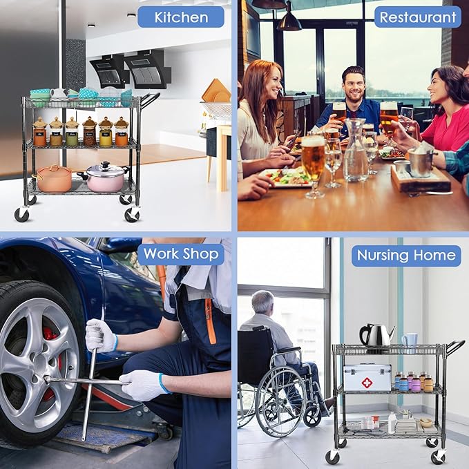 WDT Heavy Duty 3 Tier Utility Cart,Wire Rolling Cart with Wheels, Commercial Grade Service Cart with Shelving Liners and Handle Bar Metal Carts for Kitchen Office Hardware (990LBS Capacity Black)