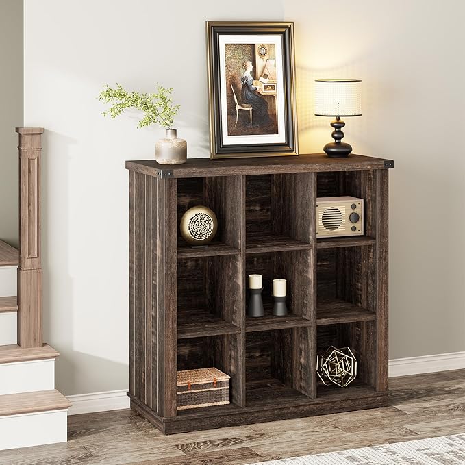 GarveeHome 9 Cube Storage Organizer Bookshelf, 4 Tier Farmhouse Horizontal Bookcase, 37.4 Inch Wood Storage Bookcase for Entryway, Long Low Bookshelves for Living Room-Black Oak