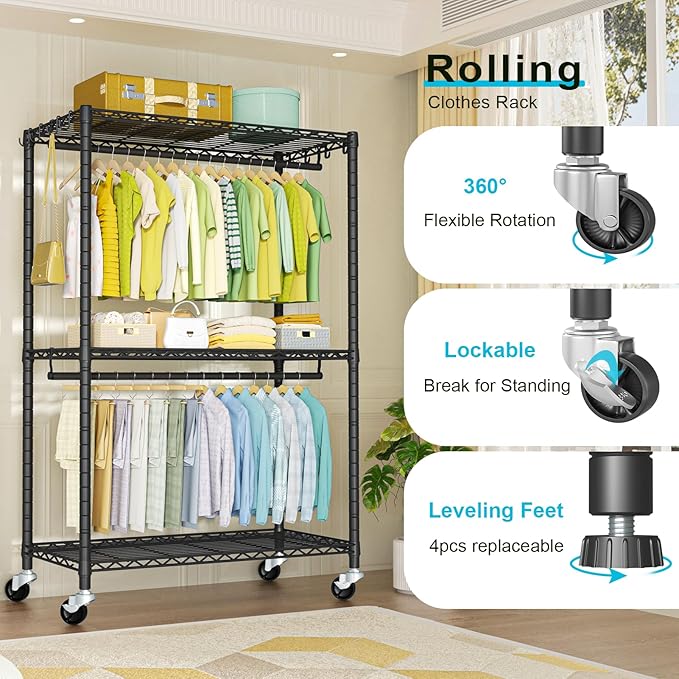 P3 Plus Rolling Clothes Rack, Clothing Racks for Hanging Clothes, Heavy Duty Garment Rack with Wheels, Freestanding Portable Closet Rack 45" W x 14" D x 78.5" H, Max Load 480 LBS, Black