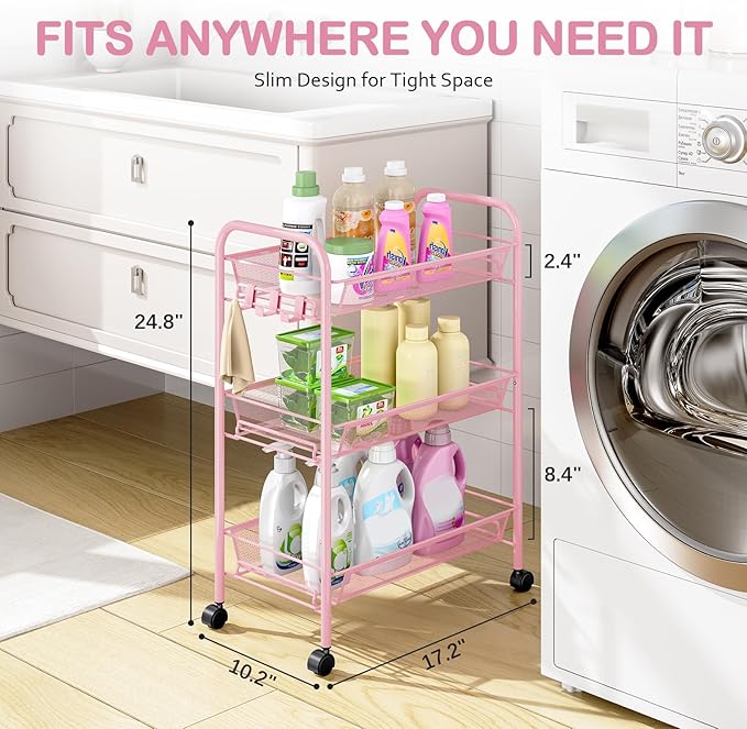 TOOLF 3 Tier Rolling Utility Cart - Durable Metal Design Pink Utility Cart, Storage Trolley on Wheels with 3 Hooks, Perfect for Kitchen, Bathroom & Laundry Room Organization