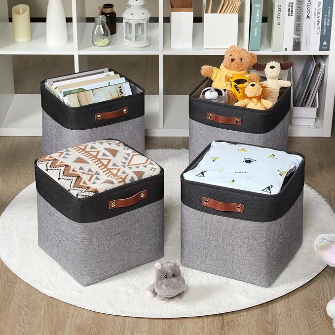 HNZIGE 13x13x13 Storage Baskets (4 Pack) Large Fabric Storage Cubes for Shelves, Storage Cube Bins for Gift with Leather Handles for Home, Kids Room, Closet (White&Black)