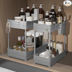 2 Pack Under Sink Organizer, Under Bathroom Cabinet Organizer with Hooks Hanging Cup, Multi-Purpose Storage Shelf for Kitchen Bathroom (Gray, XL)