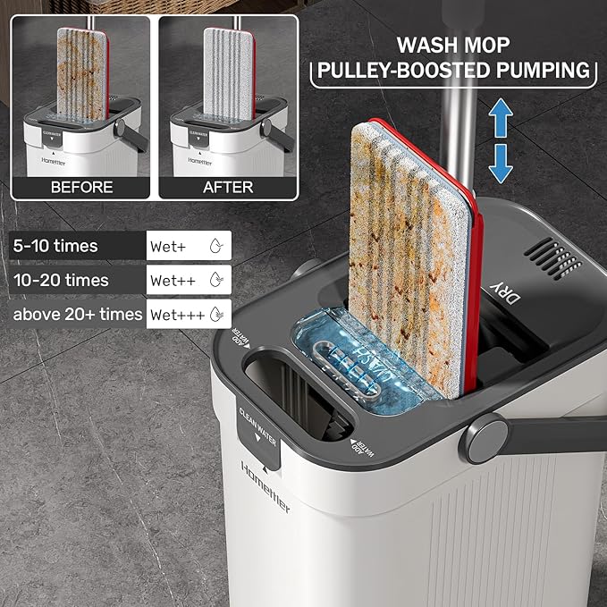 Mop and Bucket Set, 3-Tank Flat Mop and Bucket System for Separate Dirty & Clean Water, 65" Mops for Floor Cleaning with 4 Washable Pads, Safe for Hardwood, Vinyl, Tile, Baseboards, Walls