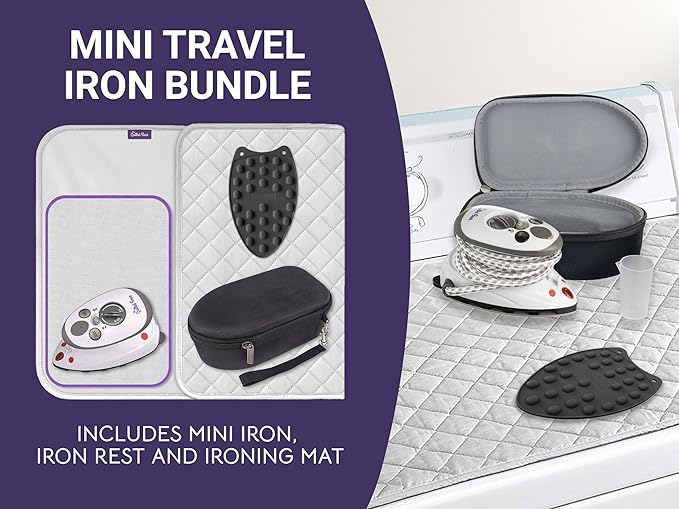 The Quilted Bear Mini Iron, Rest & Ironing Mat - Lightweight Mini Steam Iron with Hard Shell Travel Case, Rest & Ironing Mat - Travel Essentials for Wrinkle Free Travel & Effortless Quilting (Black)