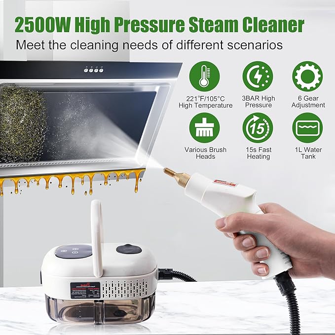 Handheld Steam Cleaner,Steam Cleaner with Smart Touch Screen, High Pressure Steamer,15sec Heat-up Deep Cleaning Steamer(White), for Kitchen,Bathroom,Furniture,Car,Grout,Tile and More