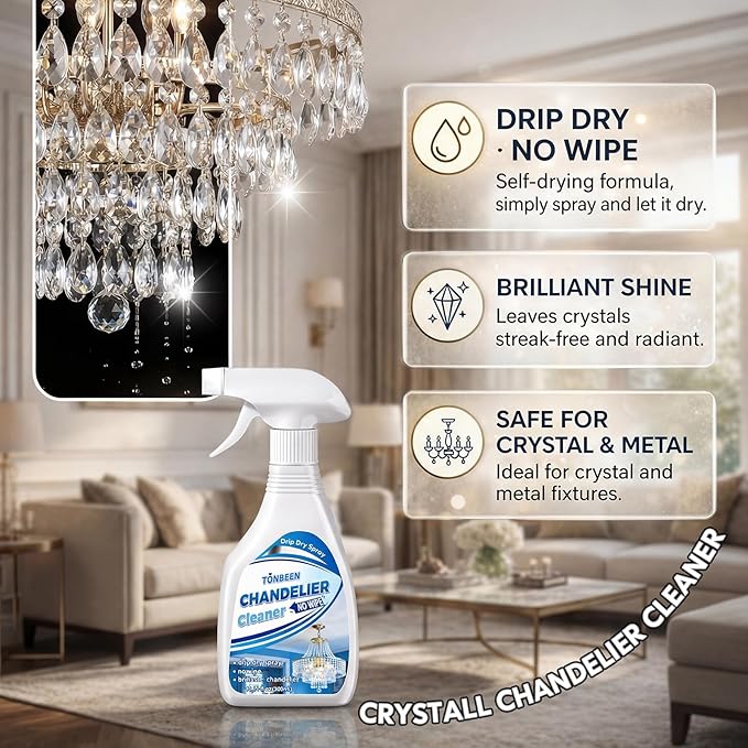Chandelier Cleaner Drip Dry Spray - No Wipe Streak Free Dust Remover for Crystals, Glass & Window Screens, 1 Pack