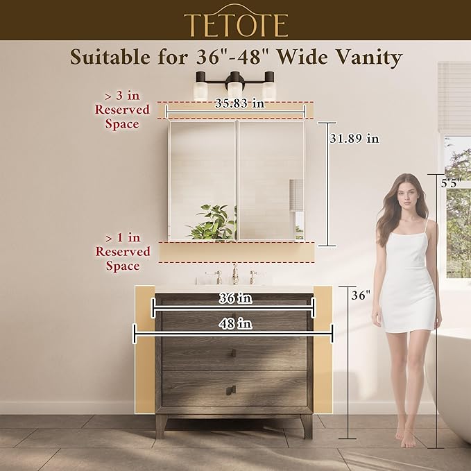 TETOTE 36 x 32 Mirrored Medicine Cabinets for Bathroom with Tempered Beveled Mirror Black Medicine Cabinet Aluminum Cabinet DTC Hinges, Stepless Adjustable Shelves, Recessed/Surface-Mounted