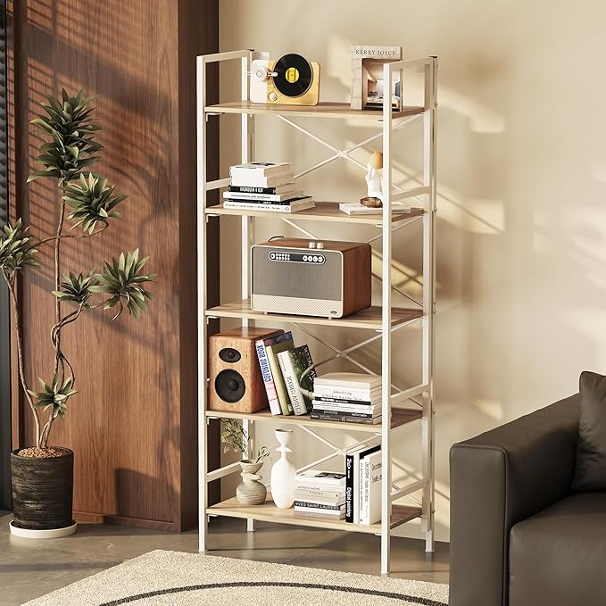 Folding Bookshelf,5 Tier Bookcase Foldable Shelf with X-Bracket Design, Adjustable Feet, Space Saving Storage for Living Room, Office, Light Coffee