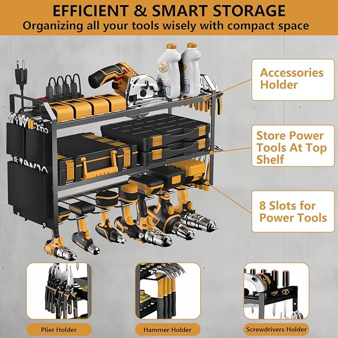 Power Tool Organizer with Charging Station: 7 Cordless Drills Holder Wall Mount Power Tool Shelf Storage Systems with 4 Outlet Power Strip, Electric Tool Storage Rack for Garage Organization/Workshop