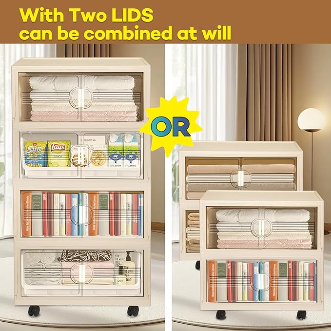 150GAL/600QT Large Storage Bins with 2 Lids, Stackable Collapsible Storage Bins with 8 Wheels & 2 Lids, Closet Organizers and Storage, 4 Packs Folding Plastic Clothes Storage Cabinet for Home Office