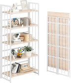 4NM No Assembly 5 Tiers Folding Bookshelf, 59.4" H Foldable Storage Shelves Vintage Bookcase Standing Racks Study Organizer Home Office - Natural White