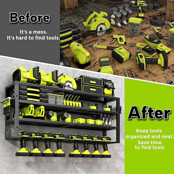Large Power Tool Organizer Wall Mount,4 Layers 8 Drill Holder Heavy Duty Metal Cordless Tool Storage Loads 420lbs with Screwdriver Holder,Utility Racks for Garage, Workshop, Pegboard, Shed - 32 Inch
