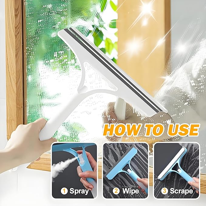 3 in 1 Window Cleaning Scraper, Window Squeegee with Spray 3 in 1 Glass Cleaner Squeegee and Scrubber with Spray for Car Home Kitchen （White）
