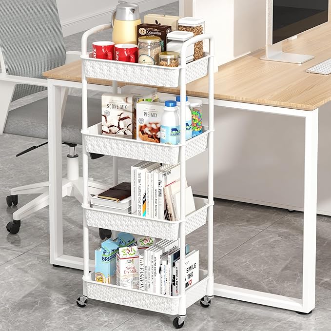 MOYIPIN 4-Tier Plastic Rolling Utility Cart with Handle,Utility Storage Cart for Office, Living Room, Kitchen,Movable Storage Organizer Shelves,White