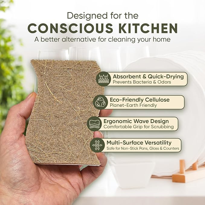 Plant-Based Kitchen Sponges (12 Pack) | USDA Biobased Certified | FSC & PETA Approved | Natural Cellulose & Coconut Scrubber Sponge | S-Shaped Design | Eco-Friendly, Non-Scratch, Non-Toxic & Vegan